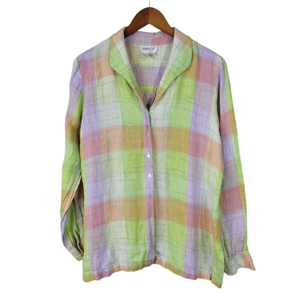 Coldwater Creek Linen Top Button up Large Lagenlook Pink Green Pleated Back